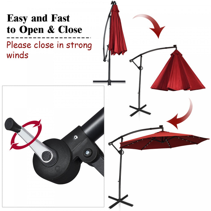 Costway 10FT Patio Offset Umbrella Solar LED 360degrees Rotation Burgundy