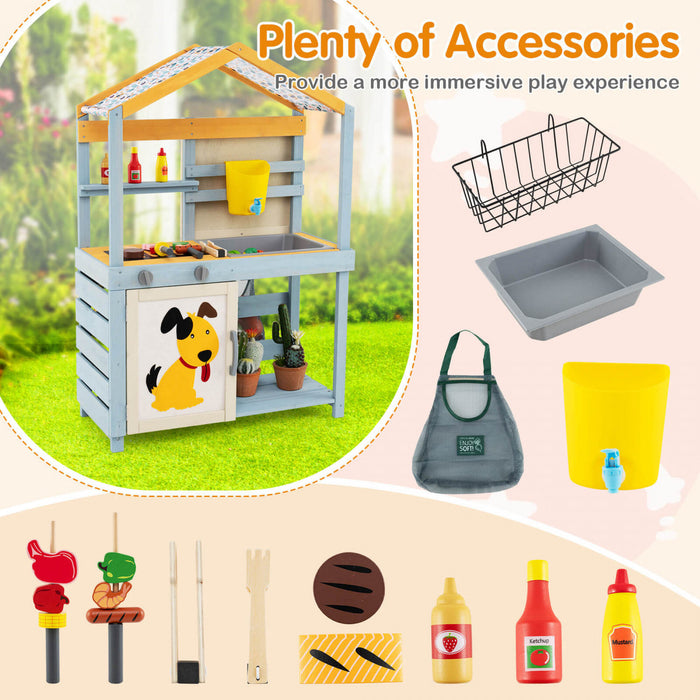 Costway 2 In 1 Wooden Mud Kitchen Outdoor Play Kitchen & Grocery Store With Sink