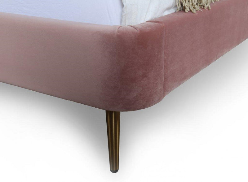 Heather Mid-Century Modern Velvet Upholstered Queen Bed in Blush and Gold