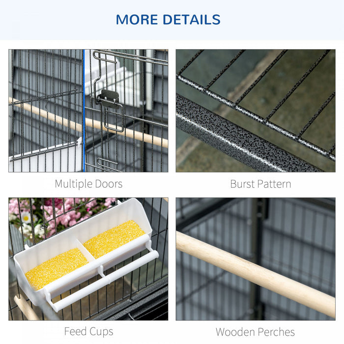 Pawhut 52\" Large Rolling Steel Bird Cage Bird House With Rolling Stand, Storage Shelf, Wood Perch, Food Container, Dark Grey