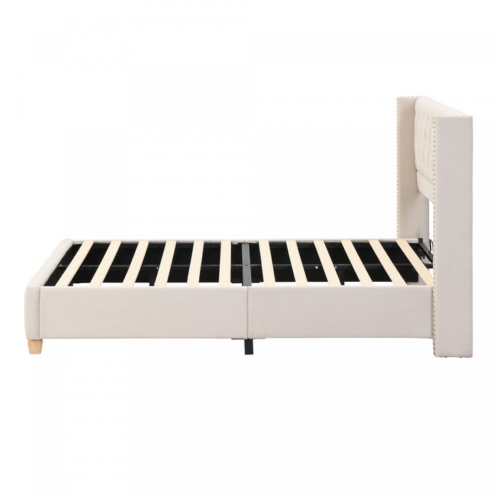Haley Linen Upholstered Platform Bed with Classic Wingback Headboard and Diamond Tufted Upholstery,King Size,Beige King Bed