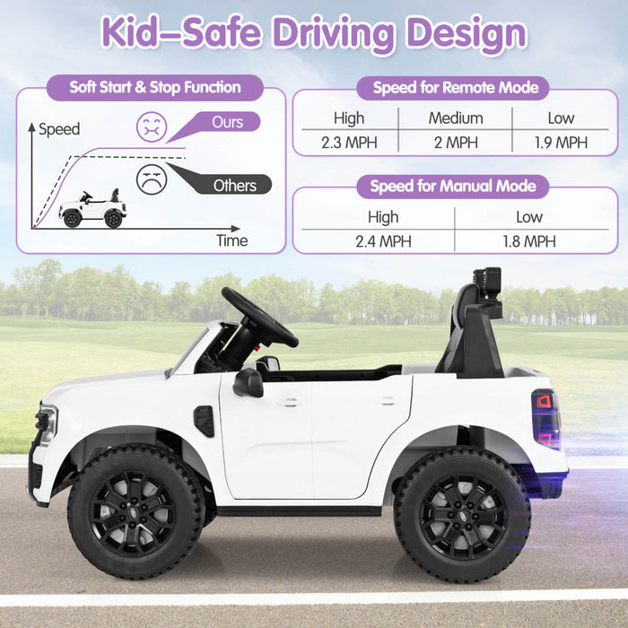 Costway 12v Licensed Ford Ranger Kids Ride On Car With Remote Control Storage Basket White