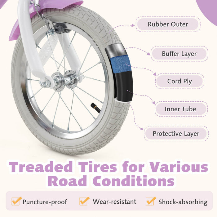 Costway 14 Inch Kids Bike With Training Wheels Doll Seat Basket Streamers Hand Brake Purple