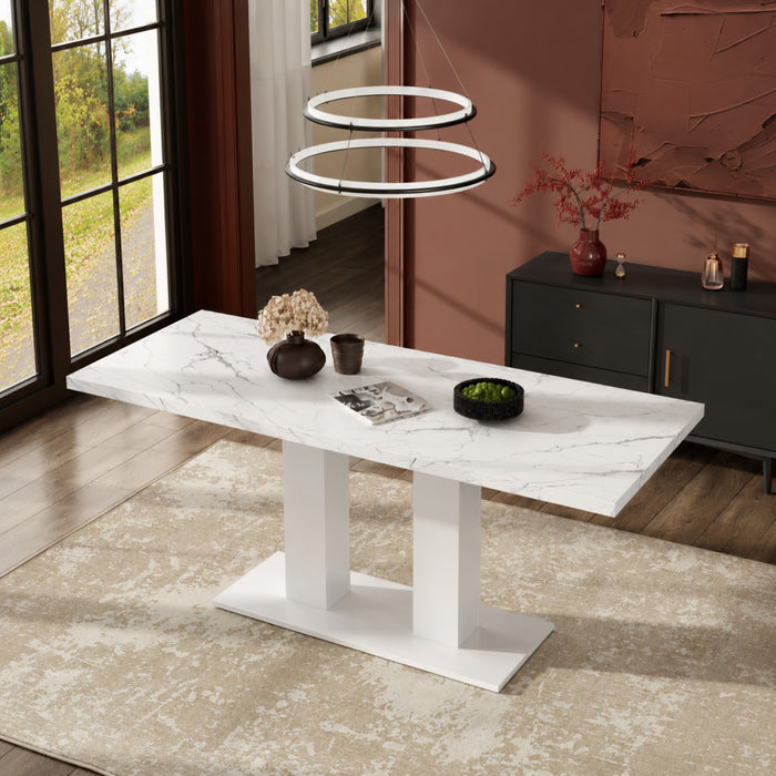 Vero 71 Inch Modern Rectangular Dining Table with Dual Pedestal Base and Marble Effect Finish, White Marble