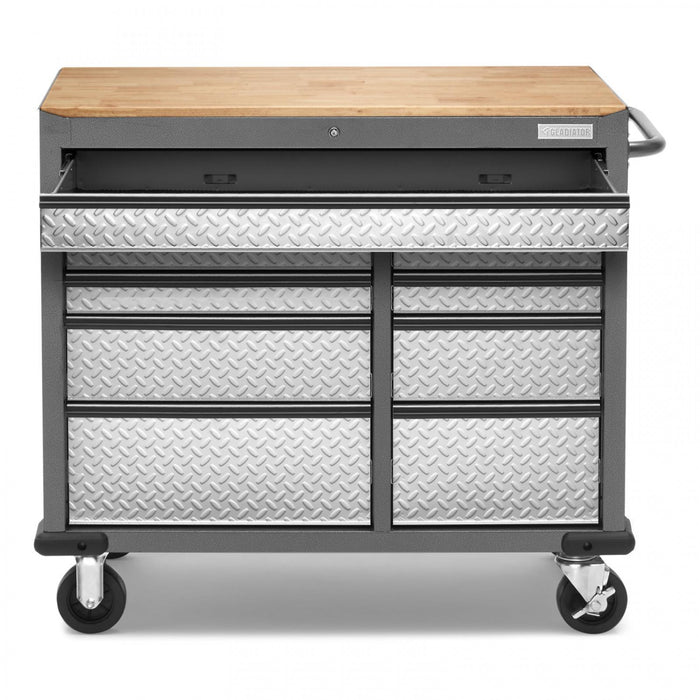 Gladiator Premier 41\" 9-Drawer Mobile Tool Workbench with Solid Wood Top - Silver Tread
