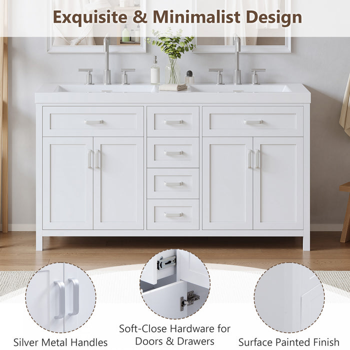Dune 59 Inch Double Sink Bathroom Vanity with Resin Sinks and 4 Drawers, White