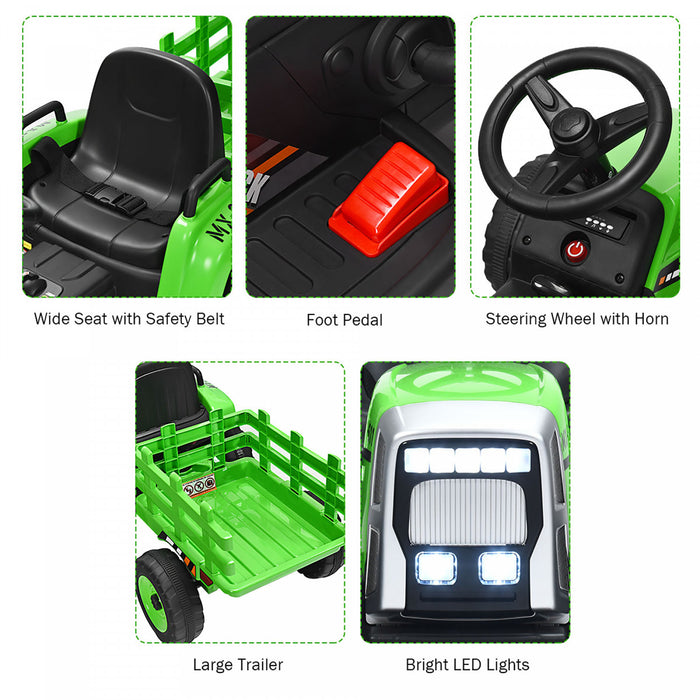 Costway 12v Kids Ride On Tractor With Trailer Ground Loader W/remote Control &led Lights