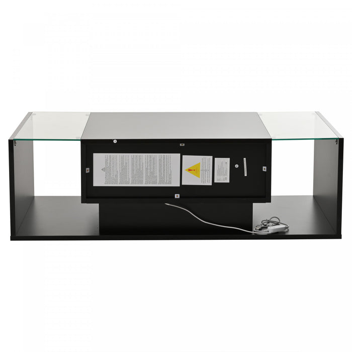 Gleam 39.3 Inch High-Gloss Coffee Table with LED Lights, Drawer and Glass Side Panels, Black