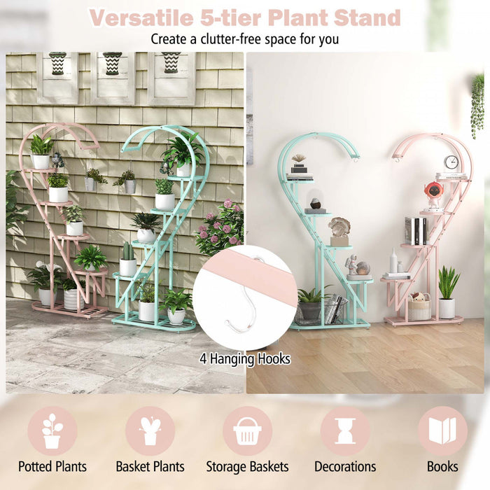 Costway 5 Tier Metal Plant Stand Heart-shaped Shelf With Hanging Hook For Multiple Plants Pink & Blue