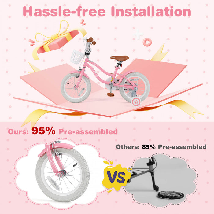 Costway 14\" Kid's Bike With Removable Training Wheels & Basket For 3-5 Years Old Pink