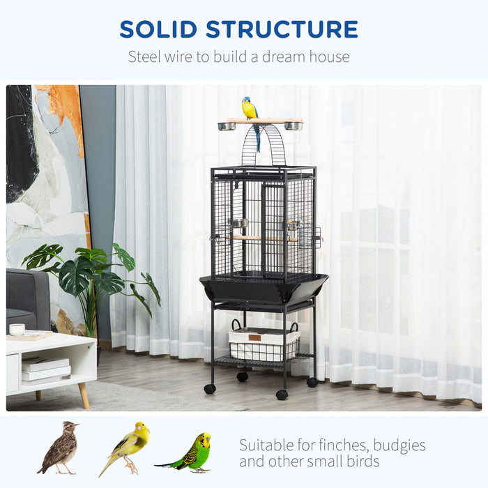Pawhut 61.5 Inch Bird Cage Parakeet House For Cockatiel With Stand, Pull Out Tray, Play Top, Storage Shelf, Wood Perch, Food Container