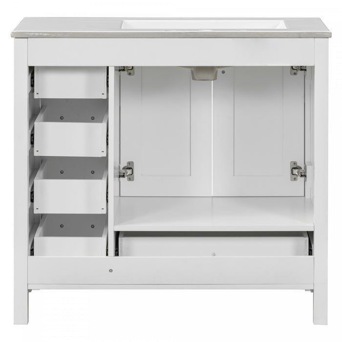 Derek 36 Inch Modern Bathroom Vanity with Ceramic Sink & Multi Storage, White