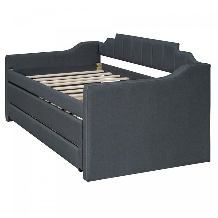 Hogan Linen-look Fabric Upholstered Daybed With Trundle And Storage Drawers, Twin Size, Grey