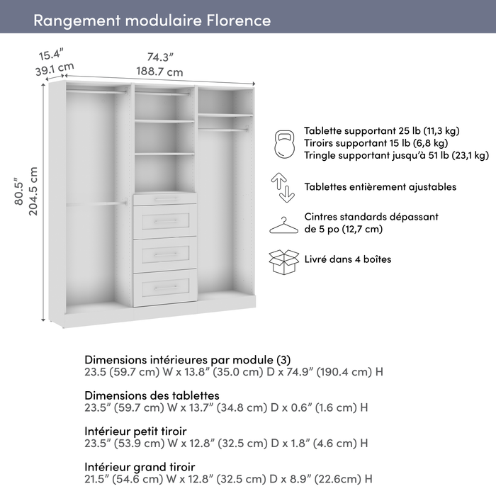 Bestar Florence 75\" Modular Reach-In Closet System with Rods, Shelves and Drawers Shaker Style - White