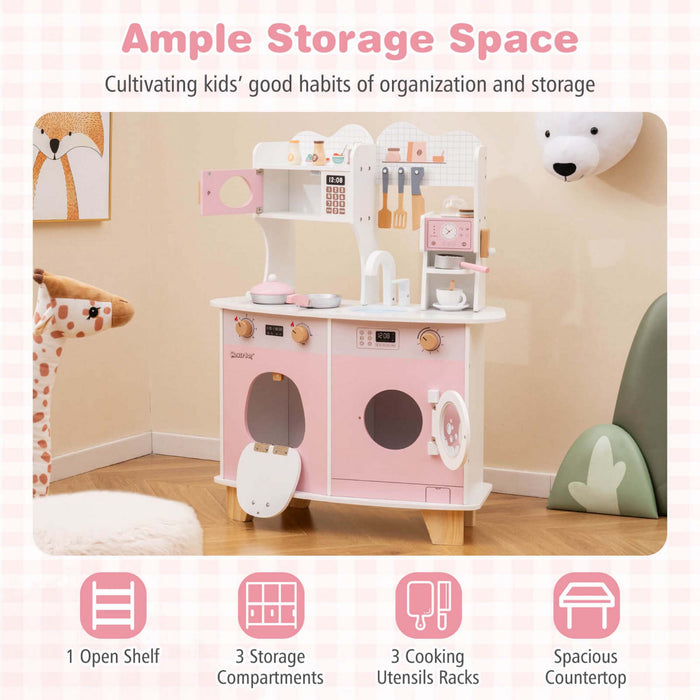 Costway Wooden Kids Kitchen Playset Pretend Play Kitchen With Coffee Maker & Microwave