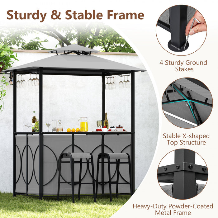 Costway 6.5 X 4 X 8 Ft Grill Gazebo Set With 2 Bar Stools, Tempered Glass Bar Table Gray