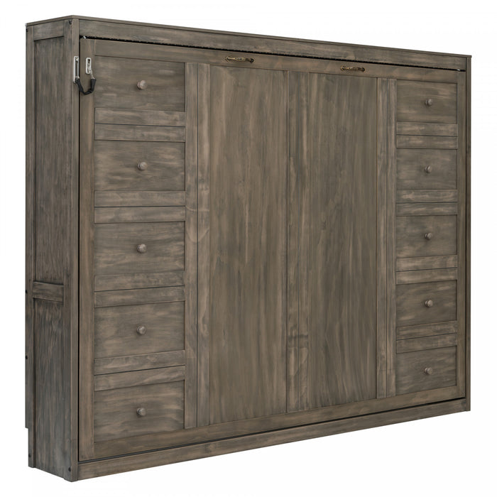 Olivia Solid Wood Murphy Bed with LED Light and Foldable Cabinet,Queen Size,Brown Queen Bed