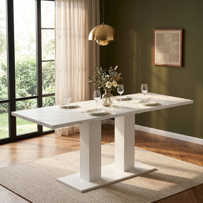 Vero 71 Inch Modern Rectangular Dining Table with Dual Pedestal Base and Marble Effect Finish, White Marble