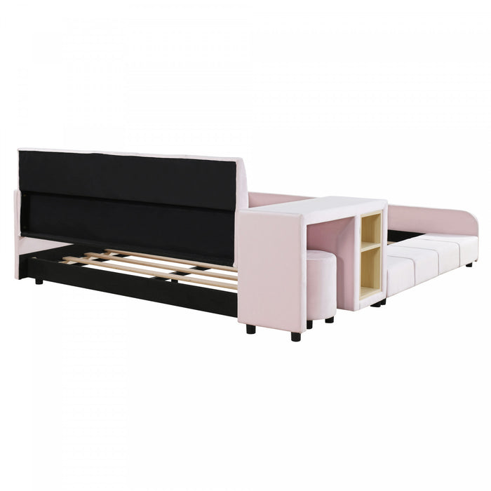 Lily Velvet Upholstered Grounded Bed with Desk and Stool,Queen Size,Pink Queen Bed
