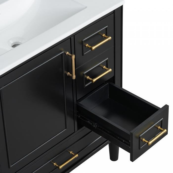 Emerson 30 Inch Bathroom Vanity with Ceramic Sink and Three Drawers, Black