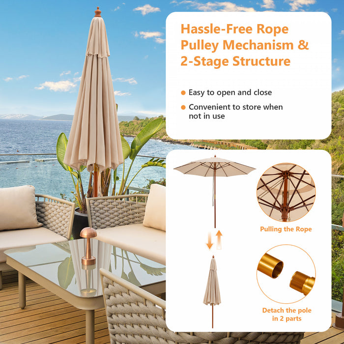 Costway 9.5 FT Patio Rope Pulley Wooden Umbrella Market w/Fiberglass Ribs Outdoor Beige