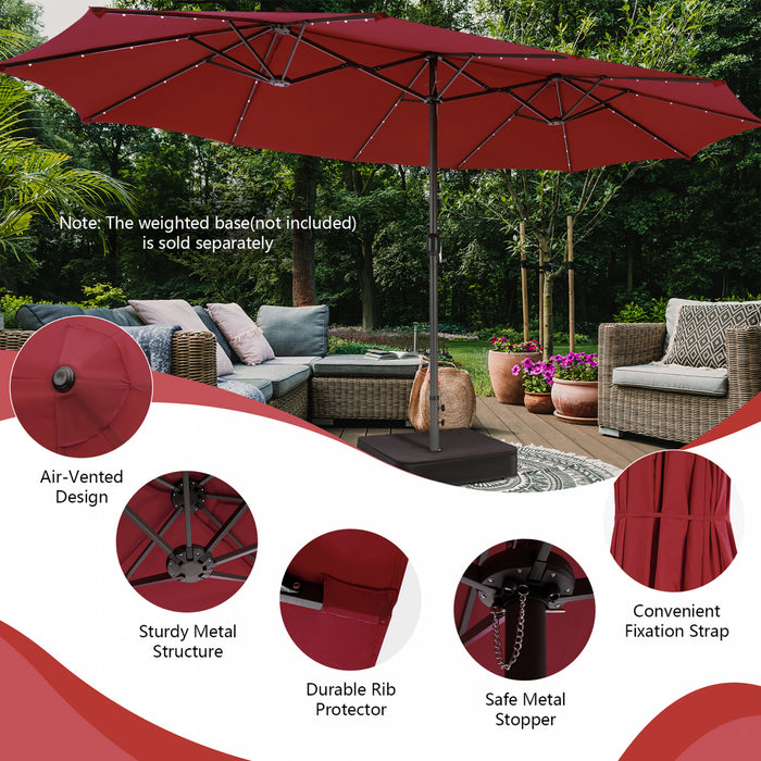 Costway 15FT Twin Patio Double-Sided Umbrella 48 Solar LED Lights Crank Outdoor Wine