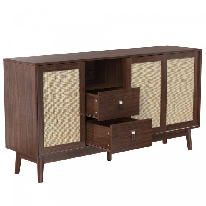 Oliver 61\" Sideboard Cabinet with Rattan Sliding Doors and Drawers,Dark Brown Accent Cabinet