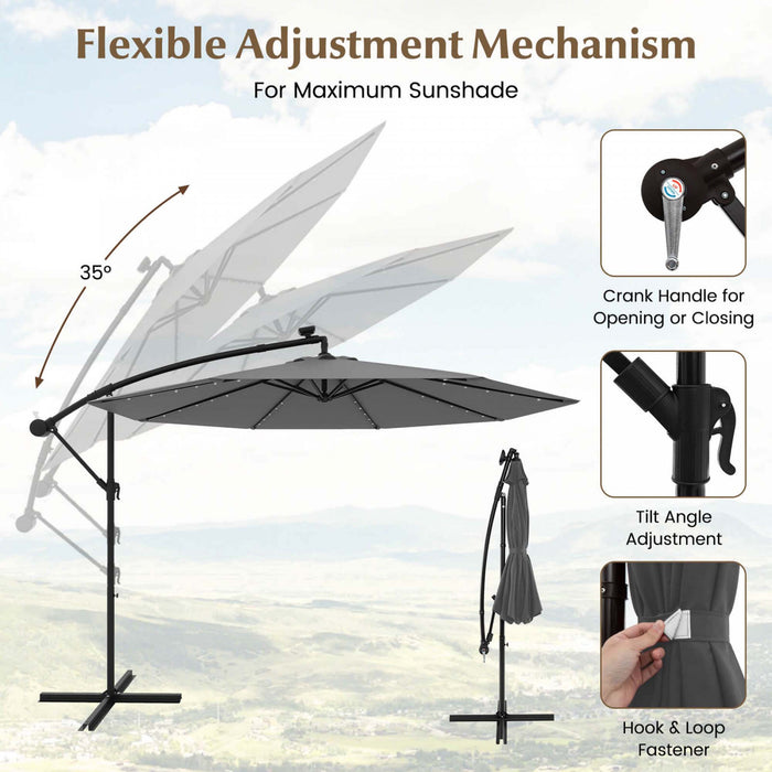 Costway 10 Ft Patio Solar LED 40 Lights Offset Umbrella Crank Cross Base Gray