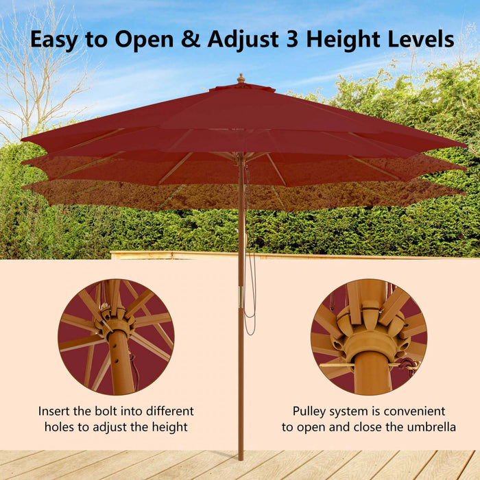 Costway 10FT Patio Wooden Market Table Umbrella Pulley with 8 Bamboo Ribs Sunshade Canopy Wine