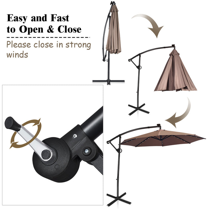 Costway 10FT Patio Offset Umbrella Solar LED 360degrees Rotation Brown