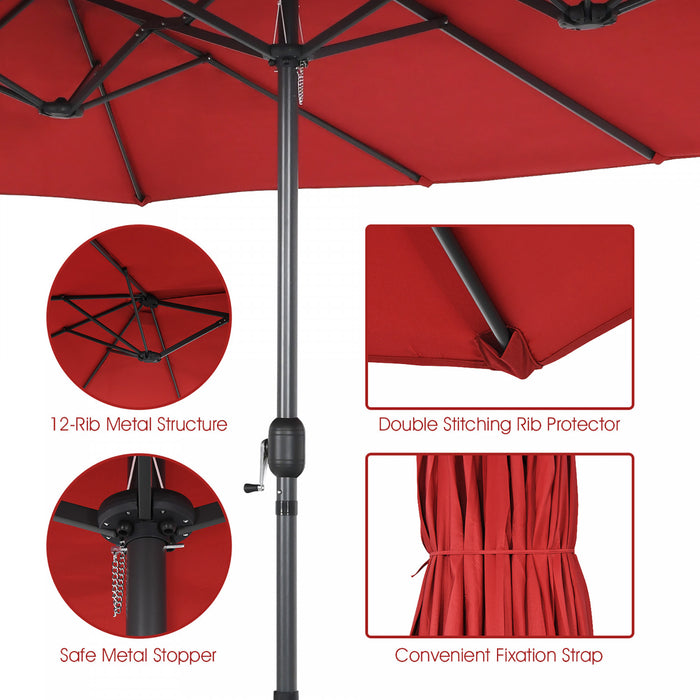 Costway 15FT Double-Sided Twin Patio Umbrella Sun Shade Outdoor Crank Market Base Wine
