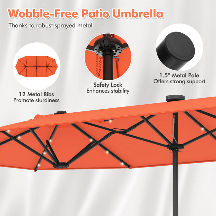 Costway 13 FT Double-sided Patio Umbrella with Solar Lights Crank Handle Umbrella Base Orange