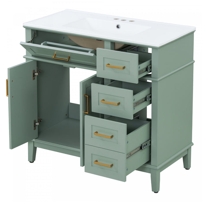 Clara 36 Inch Modern Bathroom Vanity with Ceramic Sink and Multi-Drawer Storage, Light Green