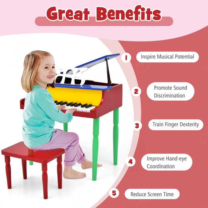 Costway 30-Key Classic Baby Grand Piano Toddler Toy Wood with Bench & Music Rack Colorful