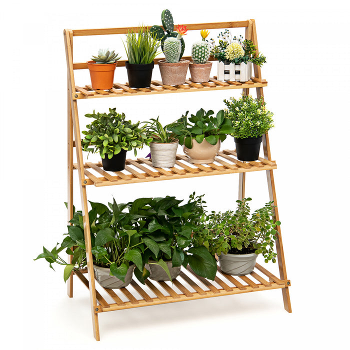 Costway Bamboo Ladder Plant Stand 3-tier Foldable Flower Pot Display Shelf Rack Natural