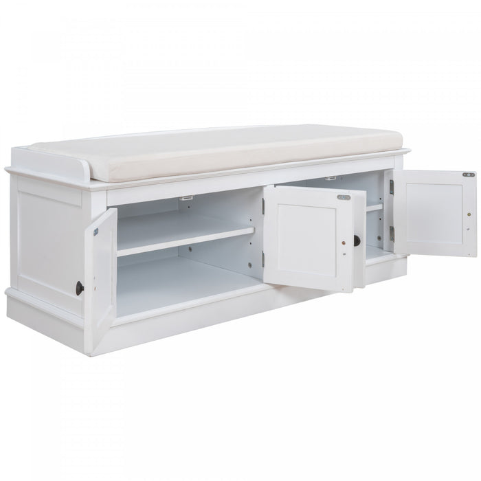 Daniel Solid Wood Storage Bench With 4-door Shoe Cabinet With Adjustable Shelves - White