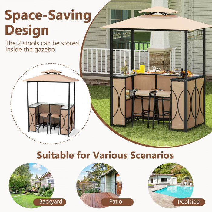 Costway 6.5 X 4 X 8 Ft Grill Gazebo Set With 2 Bar Stools, Tempered Glass Bar Table Brown