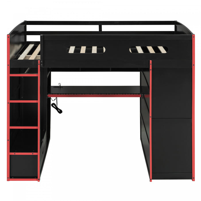 Jerry Wood Loft Bed with Desk and Storage,Full Size,Red Full Bed