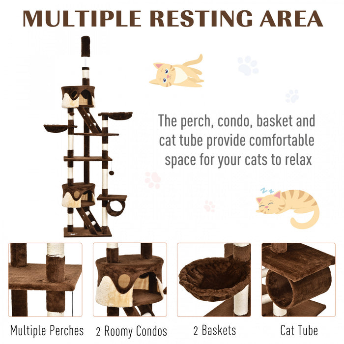 Pawhut 94\"-102\" Huge Cat Tree Ceiling High Cat Condo Scratching Post Activity Center Multi-level Play House Brown