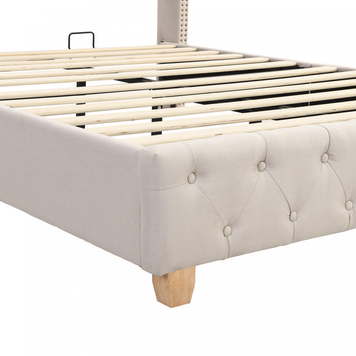 Haley Linen Upholstered Platform Bed with Classic Wingback Headboard and Diamond Tufted Upholstery,Queen Size,Beige Queen Bed