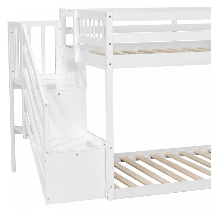 Liam Floor Bunk Bed with Ladder and Storage,Twin over Twin,White Twin Bed
