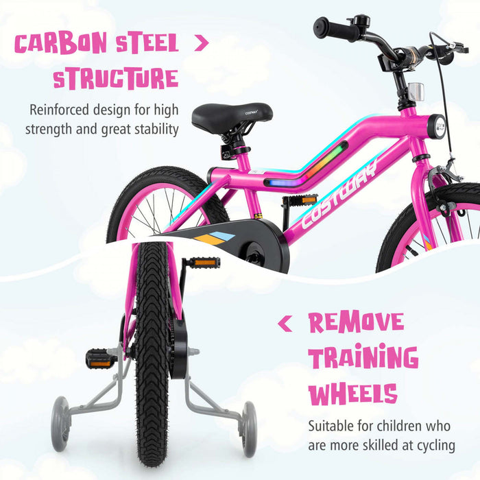 Costway 18\" Led Lighted Kids Bike With Adjustable Seat Coaster Brake Training Wheels Pink