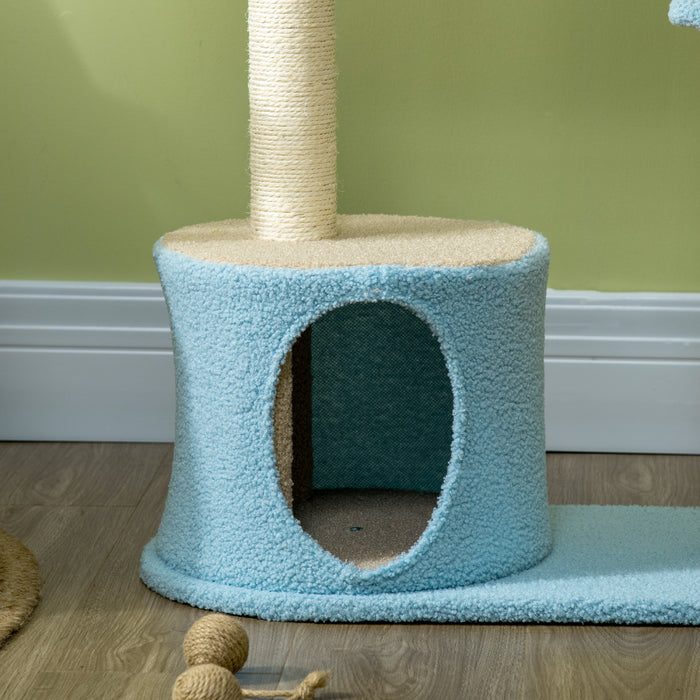 Pawhut 41\" Lovely Cat Tree For Indoor Cats With Teddy Fleece House And Bed, Kitten Tower With Scratching Post, Hanging Moon Shaped Toy, Star Platform, Blue