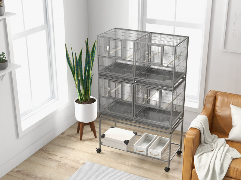 Pawhut 61 Inch Large Double Rolling Metal Bird Cage Bird House With Removable Metal Tray, Storage Shelf, Wood Perch, Food Container