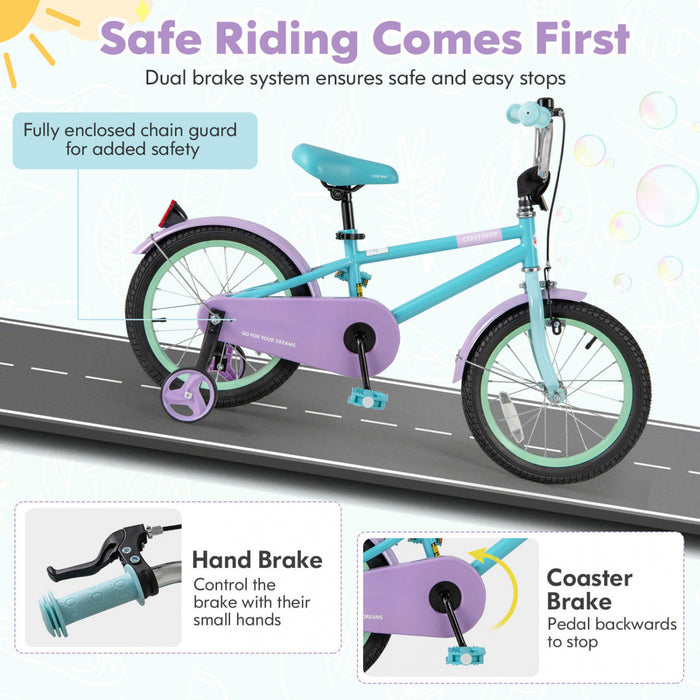Costway 16\" Kids Bike With Adjustable Saddle Handlebar Removable Training Wheels Handbrake Blue