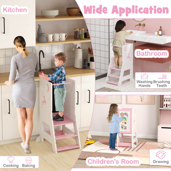 Costway Toddler Kitchen Stool Helper Baby Standing Tower With Chalkboard & Whiteboard Pink