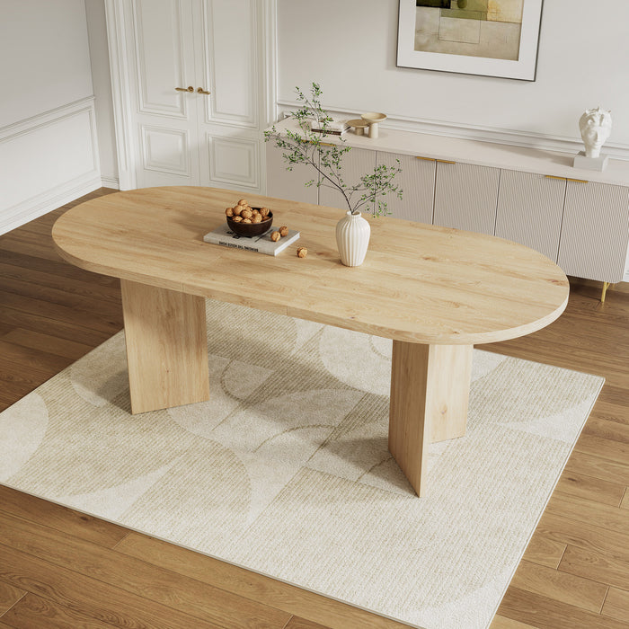 Ovalux 79 Inch Modern Oval Dining Table with Dual Pedestal Base and Wood Finish, Oak