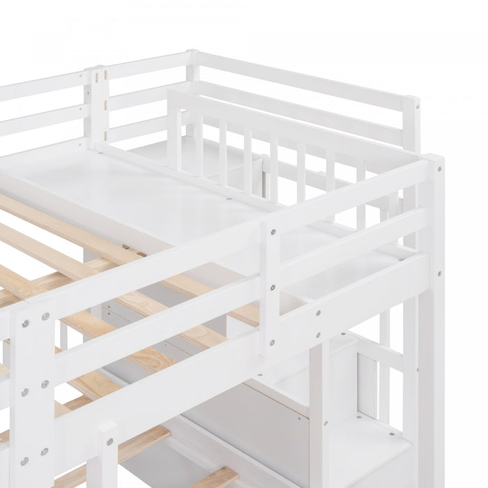 Claire Solid Wood Twin Triple Bunk Bed With Drawers And Guardrails - White