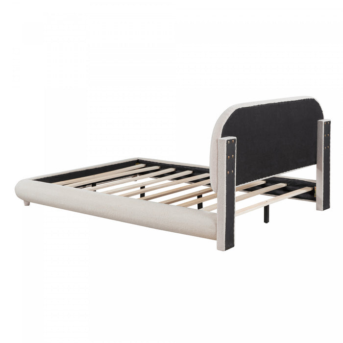 Sophie Teddy Fleece Upholstered Platform Bed with Soft Fabric and Sturdy Frame,Queen Size,Beige Queen Bed