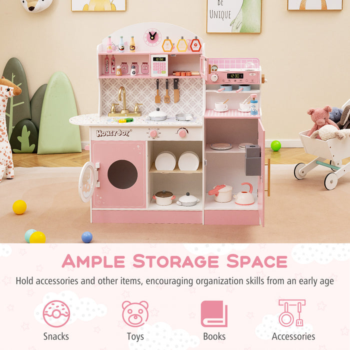 Honeyjoy Kids Kitchen Set Wooden Kitchen Playset With Clock, Microwave, Sink, Dish Rack Pink